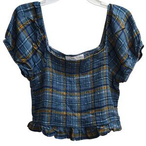 PINK ROSE Teal Plaid Square Neck Crop Top